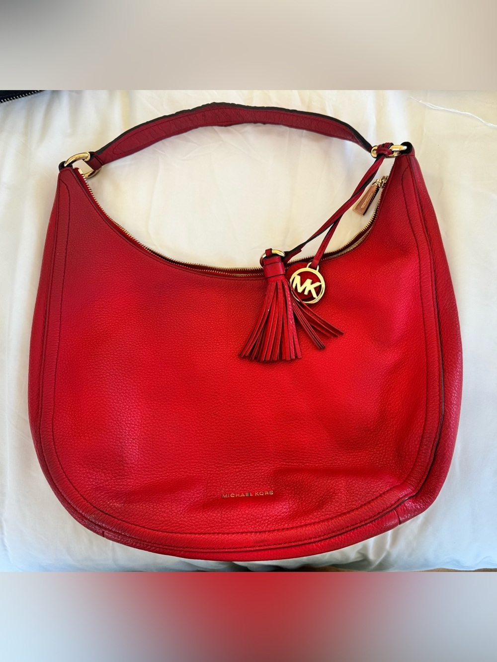 Michael Kors Red Pebbled Leather Hobo with Tassel Charm